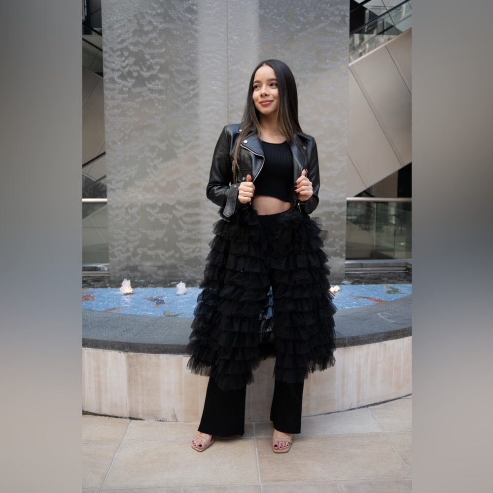Black Ruffled Tulle skirt with Leather Jacket - Picture 2 of 3